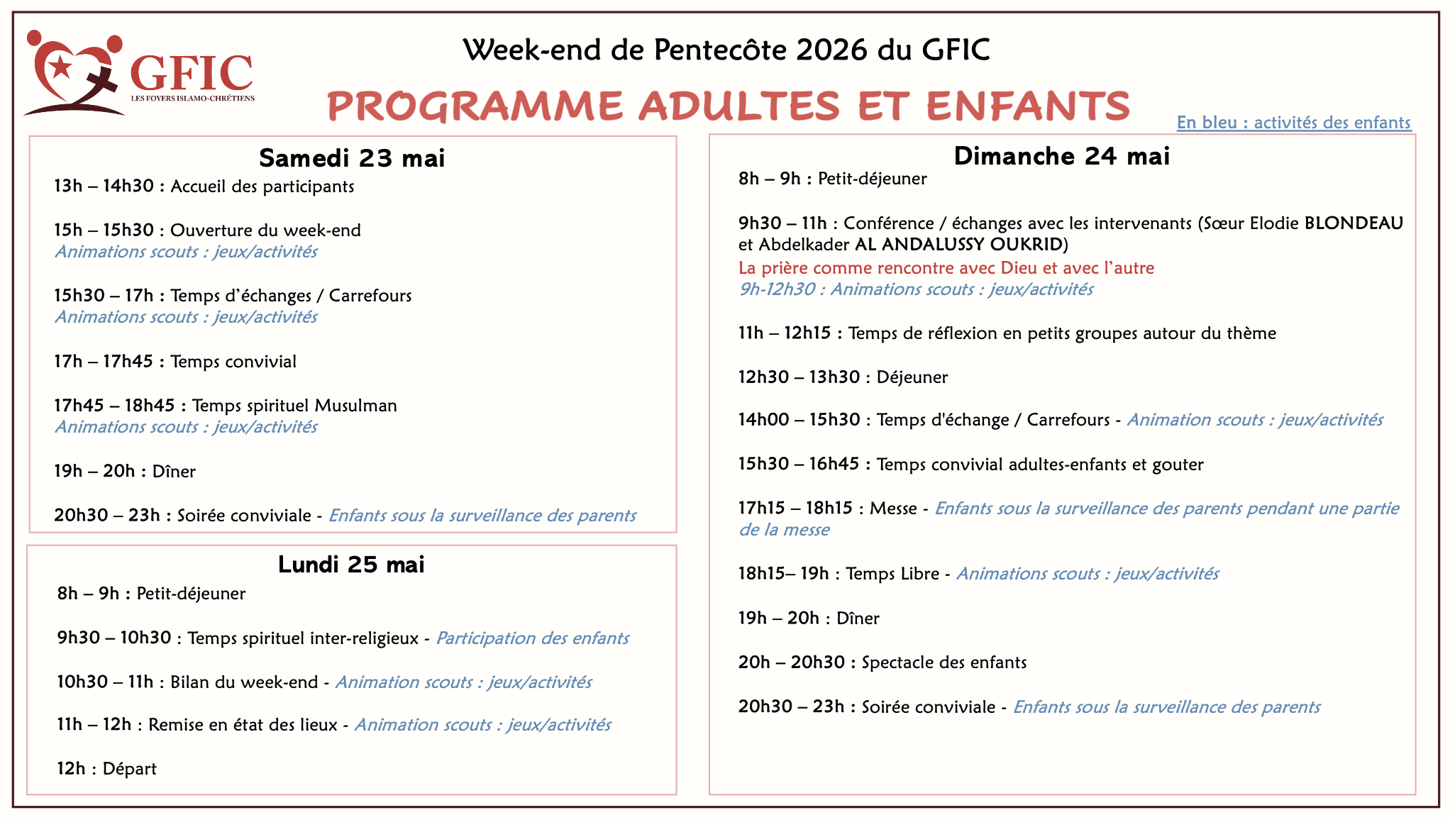 programme adultes et enfants pendant le week end